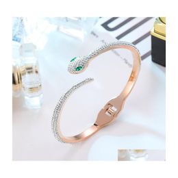 Bangle Fashion Snake Shaped Titanium Steel Womens Pseras Rose Gold Plated Bracelets Crystal Zircon Open Clasp Design Jewelry Gifts F Dhxqz