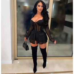 Women's Tracksuits Women Club Outfits Long Sleeve See Through Mesh Patchwork Zipper Jacket And Shorts Sexy Two-piece Set Spring Summer Ladie