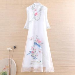 Ethnic Clothing High-end Spring Summer Organza Women Cheongsam Dress Retro Elegant Embroidery Peony A-line Lady Party Zen Qiapao S-XXL