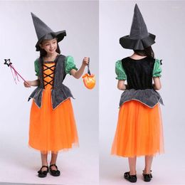 Girl Dresses Children Halloween Costume Witch Cosplay Contrast Colour Dress Cap Candy Bag Masquerade Party Role Play Kids Clothes