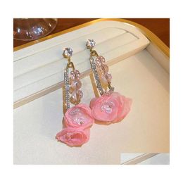 Dangle Chandelier Rose Long Drop Earrings For Women Chain Rhinestone Flower Hanging Vintage Jewellery Delivery Dhql4