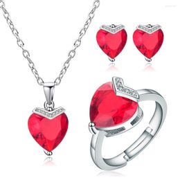 Necklace Earrings Set Heart Shape Crystal Jewellery Cubic Zircon Stone Pendant Stud Adjustable Ring For Women Charm