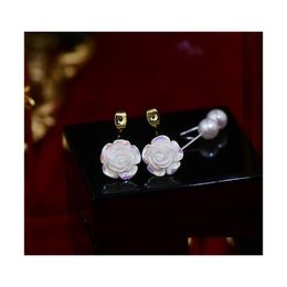 Dangle Chandelier 2022 Fashion Front And Back Elegant White Pearl Rose Flower Earrings For Women Korean Style Earings Drop Deliver Dhpa8