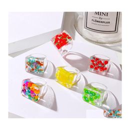 Band Rings Colorf Transparent Acrylic Rhinestone Resin Set Ring Geometry Open For Women Girls Party Jewellery Drop Delivery Dhn8R