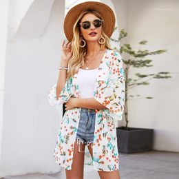 Sarongs Floral Print Half Sleeve Women Summer Kimono Cardigan 2023 Arrival Girls Bikini Cover Ups Loose Casual Female Blouse Blusa1