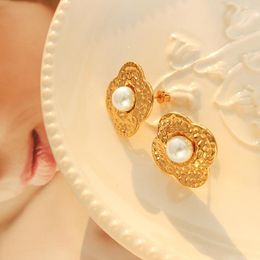 Stud Earrings Irregular Geometric Imitation Pearl Flower Girls Jewelry Plated Gold Stainless Steel Accessories Alternative FashionStud