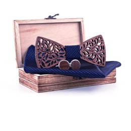 Bow Ties Sitonjwly Handmade Vintage Wooden Pocket Square Cufflinks Set For Mens Wood Bowties Cravate Homme Noeud PapillonBow
