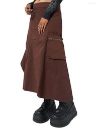 Skirts Women's Mid Waist Flap Pocket Asymmetric Street Long Fashion Vintage Solid Colour Cargo Black/Brown