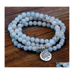 Beaded Strand Blue Stone Beads Bracelets For Women 108 Buddha Bracelet Jewelry With Lotus Pendant Vintage Yogi Mtilayer Men Drop Deli Dhdvx