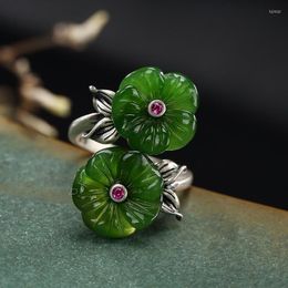 Cluster Rings S Silver Original Inlaid Natural Hetian Jade Double-headed Plum Blossom Retro Chinese Style Open Adjustable Women's Ring