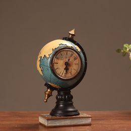 Decorative Figurines Objects & 24cm Vintage Globe Shape Watch Resin With Clock Retro Ornaments Living Room Home Office Decoration