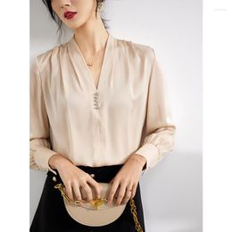 Women's Blouses Silk Shirt Women Autumn Clothes V-neck Long-sleeved 2023 Apricot Pink Blouse Simple Loose Solid Color Commuter