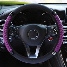 Steering Wheel Covers Four Seasons Universal 37/38cm Leather Embroidered Color Diamond-Studded Elastic Cover Grip Car AccessoriesSteering