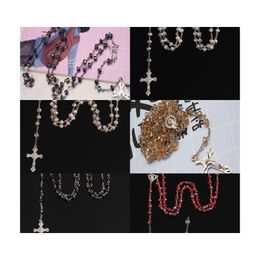 Pendant Necklaces 24Pcs Wholesale/6Mm Crystal Rosary Catholic Holy Land Cross Prayer Necklace 416 H1 Drop Delivery Jewellery Pendants Dhrjm