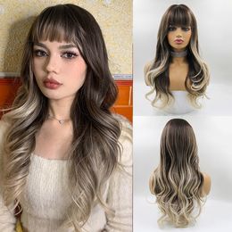 Brown Ash Ombre Synthetic Wigs with Bangs Long Wavy Wig for Black Women Natural Wave Synthetic Hair Daily Party Cosplay Wigsfactory direct