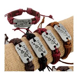Charm Bracelets Genuine Leather Love At First Sight Couple One Arrow Double Heart Wrap Bangle For Women Men Jewelry Gift Drop Deliver Otjz0