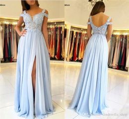 Light Blue 2023 Sky Bridesmaid Dresses Side Slit Sleeveless Straps Lace Applique Chiffon Beaded Beach Plus Size Wedding Guest Gowns Custom Made Formal Evening