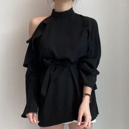 Women's Blouses Herstory Women Shirt Minimalism Retro Stand-up Collar Strapless Ruffled Lace-up Waist Long-sleeved Clothes Tops