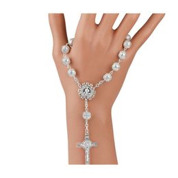 Charm Bracelets White Pearls Pendant Bracelet Jewellery Men Jesus Religious Rosary With Cross Bangle Women Gifts Dhs Q220Fza Drop Deliv Dhkqw