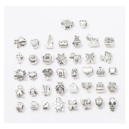 Metals 40 Styles Big Hole Loose Beads Charms Fashion Sier Metal European Skl Square For Bracelets Necklaces Jewellery Making Drop Deliv Otivl