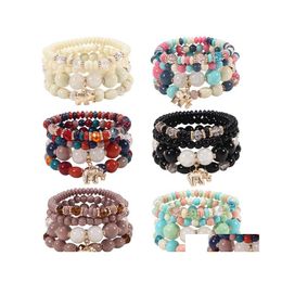 Beaded Strands Vintage Elephant Alloy Pendant Elastic Mtilayer Beads Bohemian Bracelets Women Lava Stone Wristband Bangles For Part Ot04Q