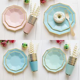 Plates 24pcs/set Disposable Tableware Set Green Pink Blue Regular Decagon Paper Plate Cups For Wedding Birthday Party Picnic Supplies