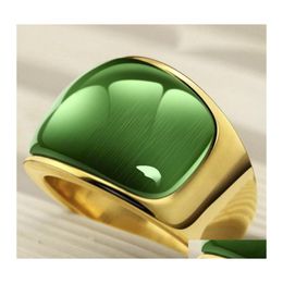 Cluster Rings Gorgeous Men Ring Wide Style Stainless Steel Gold Tone Green Opal Fashion Male Jewellery Drop Delivery Dhm60