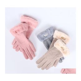 Five Fingers Gloves Cashmere Fashion Winter Womens Touch Sn Lady Suede Warm Plush Inside Finger Female Elegant Soft Black Mittens Dr Otw1W