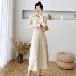 Casual Dresses Autumn Winter Thick Knitted Office Lady O Neck Solid Woollen Sweater Dress Women Fashion A Line Slim Party Long