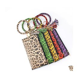 Key Rings Women Girls Leopard Pu Leather Bracelet Ring Bangle Keyring Circle Keychain Wristlet Keyrings Jewellery With Wallet Purse Dr Dhg75