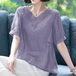 Women's Blouses Embroidered V-neck Blouse Women's Top 2023 Oversize Ladies Solid Lace Hollow Summer Short-sleeve Blusas De Mujer