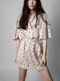 Casual Dresses Spring Summer Women Mini Robes Floral Print Two Pieces Set Shrt Sleeve Sashes DressCasual