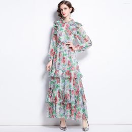 Casual Dresses High Quality Cascading Ruffle Floral Chiffon Dress Women Autumn Winter Clothes Cake Ruffles Vestidos De Mujer Robe Femme