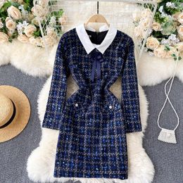 Casual Dresses Autumn Winter 2023 Classic Plaid Bowknot Decorated Tweed Dress Feminine British Style Short Hip Woman UK563