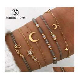 Link Chain 6 Pcs / Set Star Moon Love Crystal Pendant Gold Acrylic Bead Bracelet For Women Classic Mtilayer Braided Rope Drop Deliv Dh8Kd