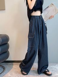 Women's Pants Women Vintage Pure Color Cargo 2023 Autumn Casual High Waist Baggy Jeans Pockets Design Denim Trousers Korean Style Slim