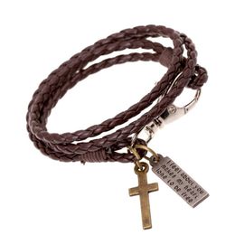 Link Bracelets Chain Cross Design PU Braided Leather Bracelet Double Circle Couple Model Men Stainless Steel For Male Female Punk