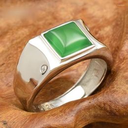 Cluster Rings Natural Green Chalcedony Geometric Opening Adjustable Ring Chinese Retro Light Luxury Charm Women's Silver Jewellery