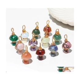 Arts And Crafts Natural Crystal Stone 2Cm Mushroom Statue Carving Charms Reiki Healing Gold Wire Wrap Pendant For Necklace Jewelry M Dhzek