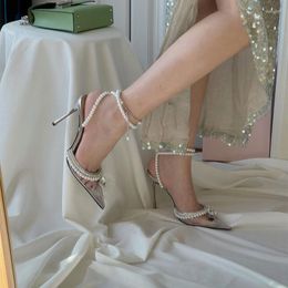 Dress Shoes Pearl Transparent PVC Rhinestone High Heels Pointy Toe Thin Heel Lace Up Sandals Women Sandalias Mujer Verano Zapato