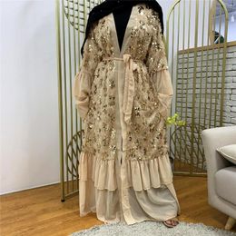 Ethnic Clothing Muslim Dress Fashion Sequins Chiffon Trumpet Sleeves Belt Cardigan Robe Middle East Eid Duabi Abaya Turkey Donsignet