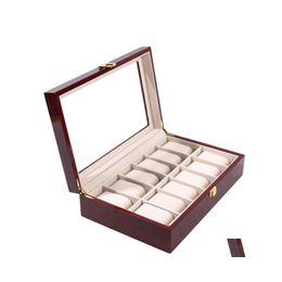 Watch Boxes Cases 12 Slots Wrist Holder Storage Case Glass Organiser Black Red Wooden Display Box 29X21X16Cm Drop Delivery Watches Otb6P