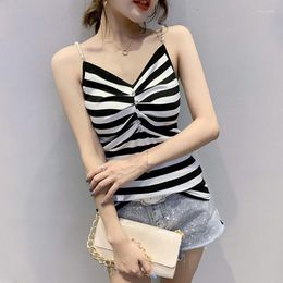 Women's Tanks #5330 Black White Striped Summer Tops For Women Buttons V-neck Sexy Tight Off Shoulder Top Crop Tank