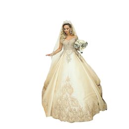 Vintage Champagne Satin Lace Applique Ball Gown Wedding Dress Elegant Long Sleeves Princess Plus Size Saudi Arabic Dubai Bridal Go243F