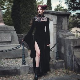 Casual Dresses Black Halloween Witch Cosplay Costumes Gothic Dress 2023 Hollow Lace Patchwork Flare Long Sleeve Split Asymmetrical Maxi