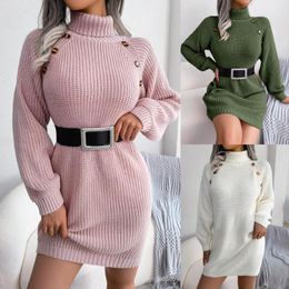 Casual Dresses Women Sweater Dress Fashion Knitted Pullover High Collar Solid Button Bottoming Winter Warm Women's Clothes