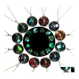 Pendant Necklaces Glow In The Dark 12 Zodiac Sign For Women Men Stainless Steel Horoscope Glass Cabochons Chains Fashion Luminous Dr Otqmw