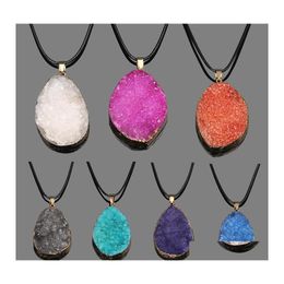 Pendant Necklaces Fashion Druzy Necklace 7 Colours Geometric Natural Drusy Stone Black Snake Leather Rope Chains For Women S Jewellery Otvvj