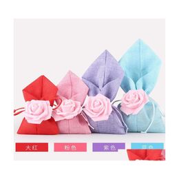 Gift Wrap 5Pcs Jute Burlap Bags Baby Shower Boy Girl Wedding Candy Box Packaging Bag Artificial Rose Home Decoration Accessories1 Dr Dhvj8