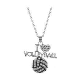 Pendant Necklaces I Love Volleyball Crystal Letter Heart Basketball Football Sier Chains For Women Fashion Sports Jewellery Gift Drop Ote7M